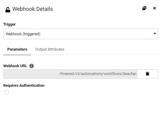 FME Flow Webhook Details sa trigger-om i webhook URL adresom