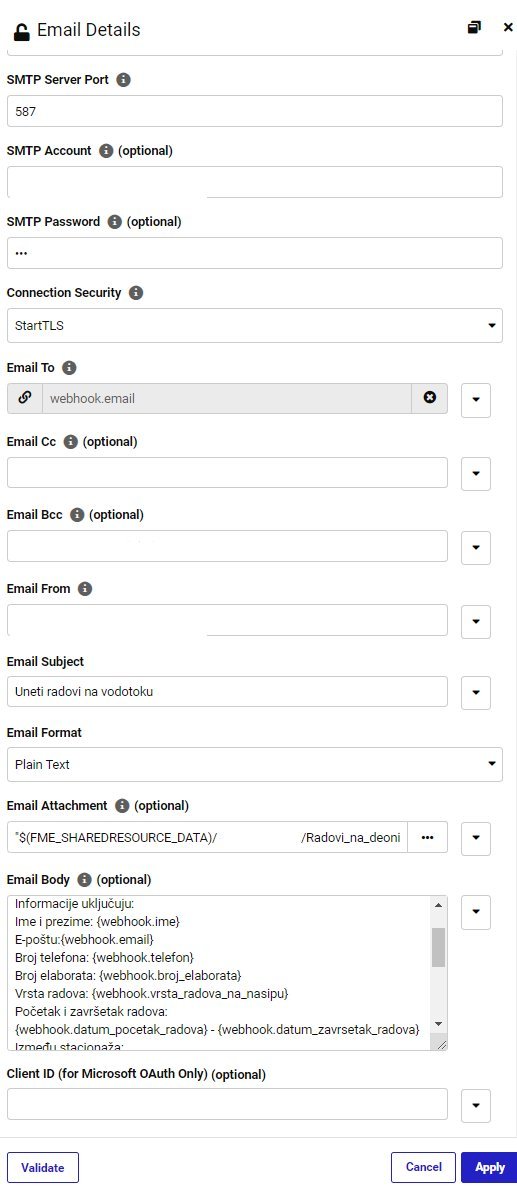 FME Flow Email Details sa SMTP podešavanjima i sadržajem obaveštenja